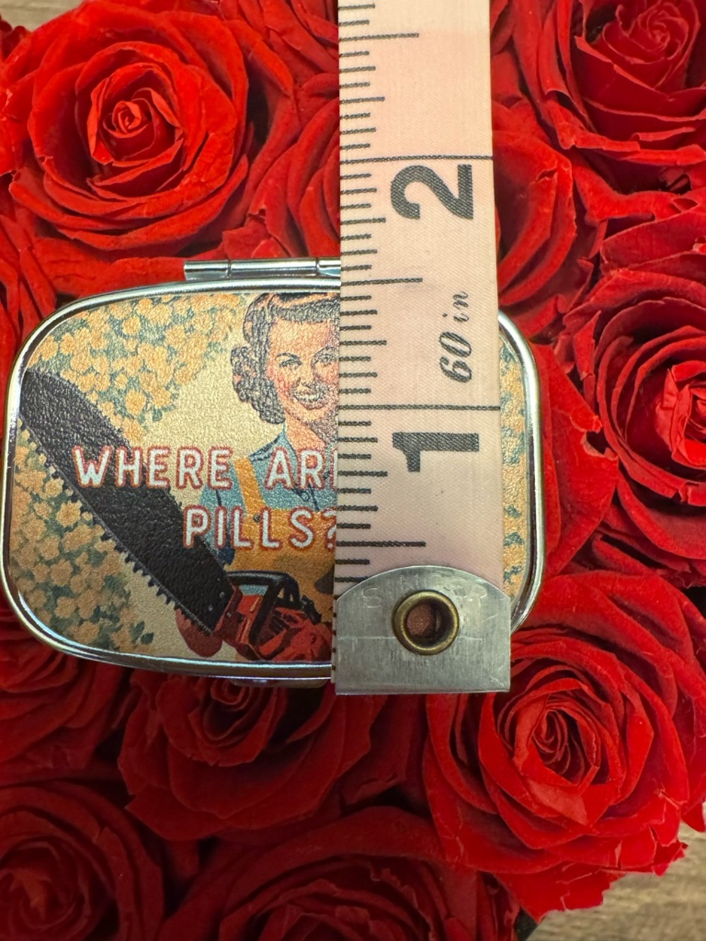 Retro Pill Case | Dark Humor Vintage Style Metal Organizer w/ Mirror - Picture 7 of 7